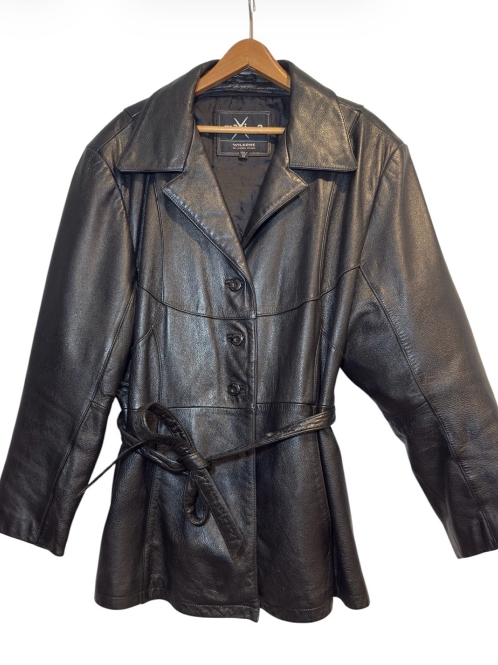 VTG Wilsons Black Leather Thinsulate Trench Coat Size 1X Belted Zip Out Lining